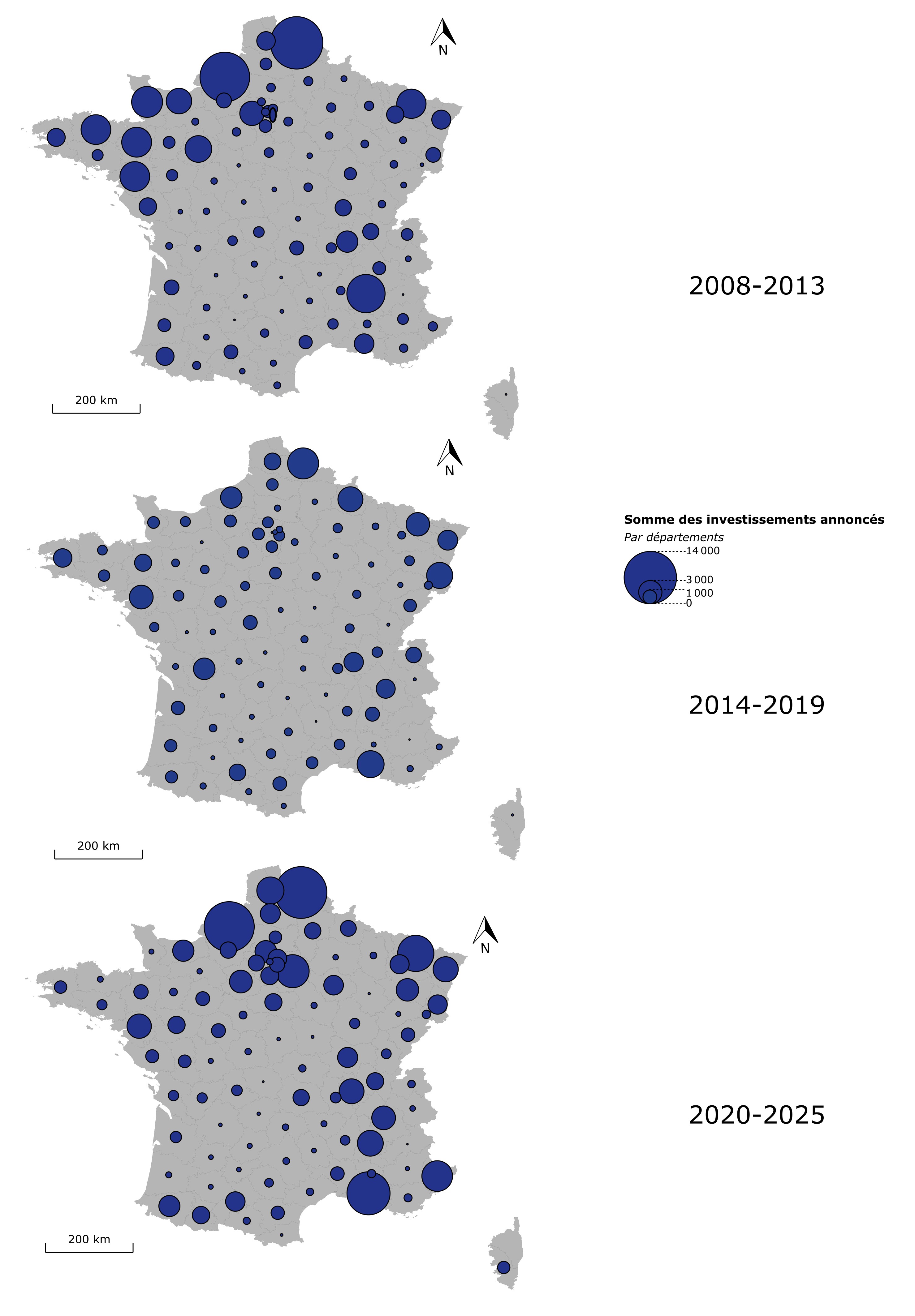 Evolution des montants annoncés par département, par tranche de six années